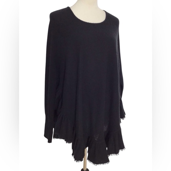 Minnie Rose Black Cashmere Long Sleeve Ruffle Fringe Trim Poncho Style Sweater - Picture 4 of 6